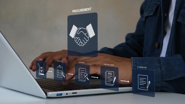 Procurement workflow automation supplier management contract approval purchase order e-signature system enterprise supply chain optimization on laptop interface, digital business process visualization