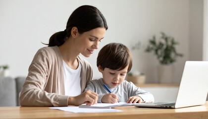 Obraz premium Mother Helping Child with Homework at Home