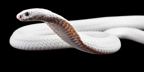 Fototapeta premium Striking white cobra snake with hood spread, poised on a dark background