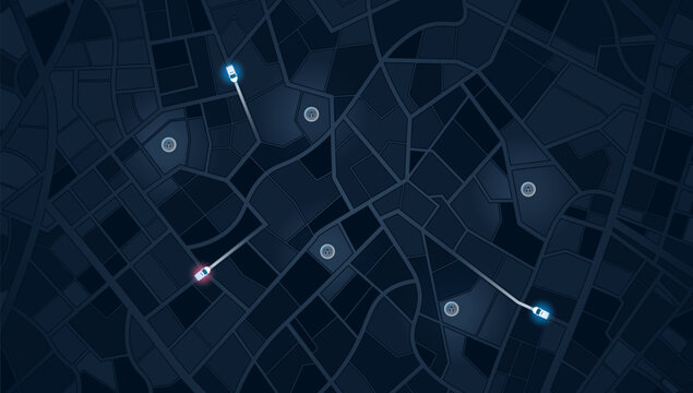 Dark city map displaying police patrol routes with security checkpoints and vehicle tracking