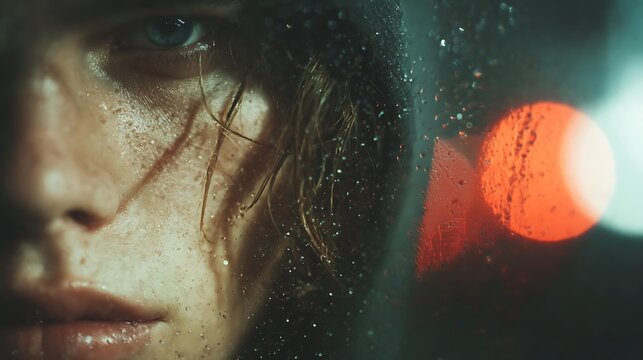 Close up portrait of a young person s face behind a rain streaked window with bokeh lights. moody