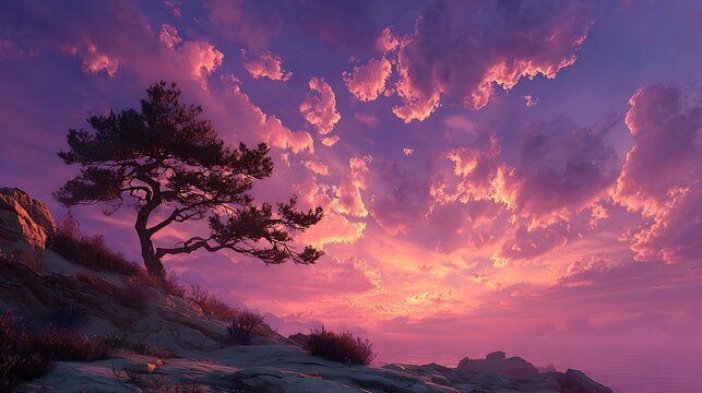 Majestic lone pine tree silhouetted against vibrant pink and purple sunset clouds over a rocky coa