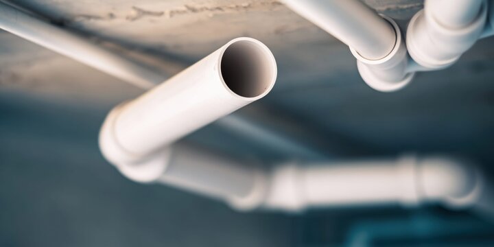 White PVC pipes installed on a concrete ceiling for industrial purposes