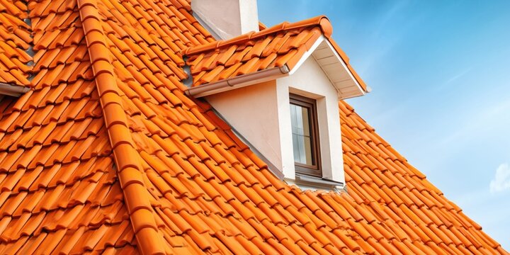 Close-up view of a terracotta tiled roof with a dormer window against blue sky