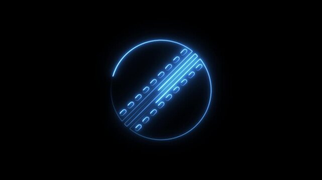 Glowing neon cricket ball animation, blue light sports on black background