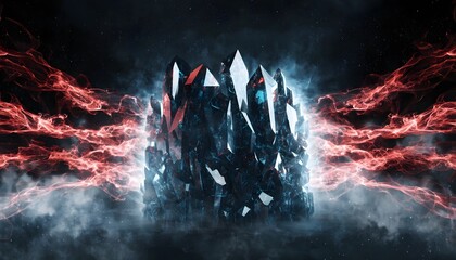Naklejka premium dramatic crystal formation with red lightning bolts in dark fantasy landscape