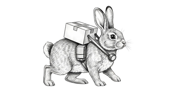 A rabbit carrying a package on its back, symbolizing fast delivery or courier services.