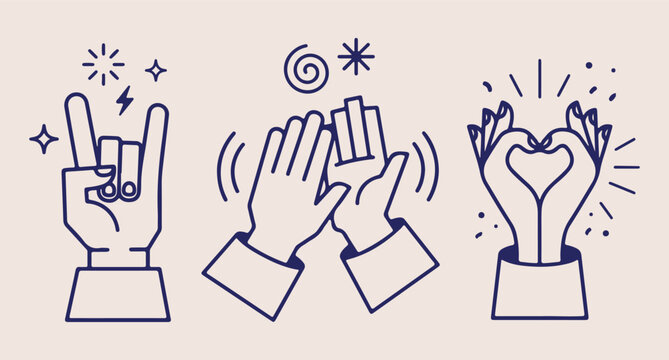 clapping hands applaud icons, hand drawn success doodles, aesthetic applause line art, creative hand gesture sketches, minimal clapping hand drawings, scrapbook success element set, hand gesture doodl