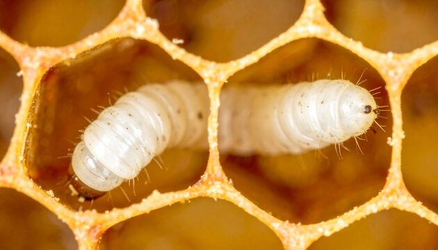 Close-up of bee larvae in uncapped honeycomb cells with natural wax texture
