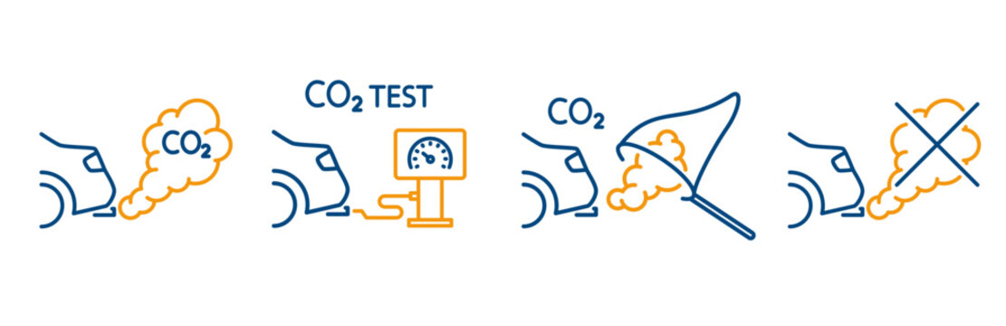 co2 car emission icons, set icon of emission co2 test, smoke from the car, capture, forbidden exhaust gases, air pollution concept, thin outline editable stroke