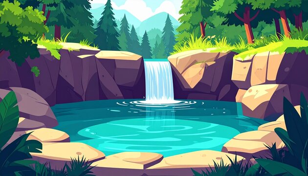 tranquil forest waterfall pool with turquoise water in flat design illustration