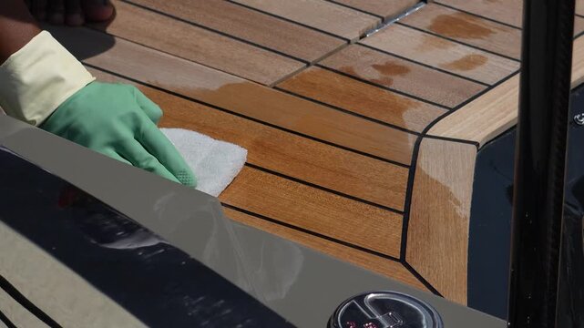 Teak on a yacht's floor. Polishing and cleaning teak, an expensive yacht flooring material.