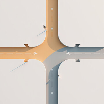Conceptual image of crossroads with multiple arrows and one highlighted path, symbolizing decision making and elections, minimal style and soft shadows