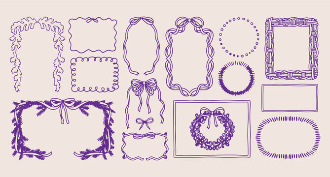 hand drawn purple frames, aesthetic decorative border sketches, creative scrapbook frame art, purple line art borders, vintage frame doodle set, hand drawn ornate frames, elegant purple border drawing