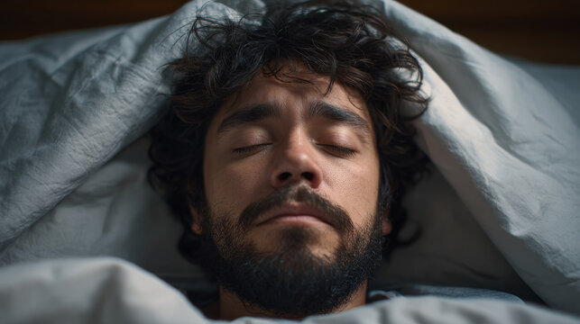 Sleeping young latino man with messy hair, closed eye, and beard under blanket in bed, peaceful morning rest, close up portrait