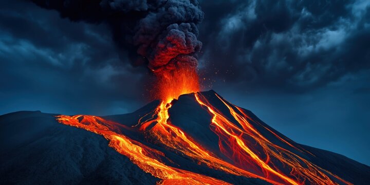 Fiery volcanic eruption at night spews molten lava and ash into dark sky