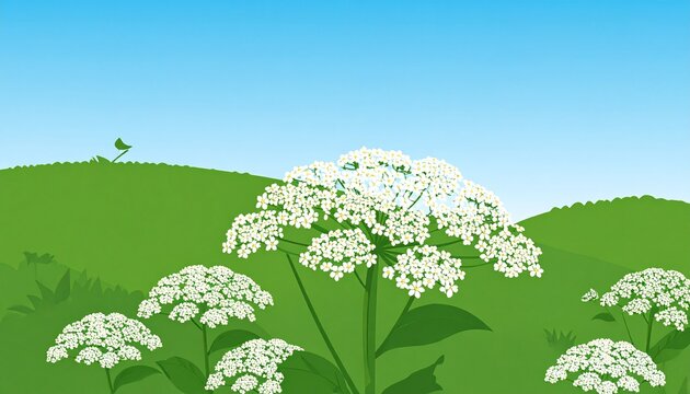 Close-up of white cow parsley flowers in vibrant green spring meadow under clear blue sky