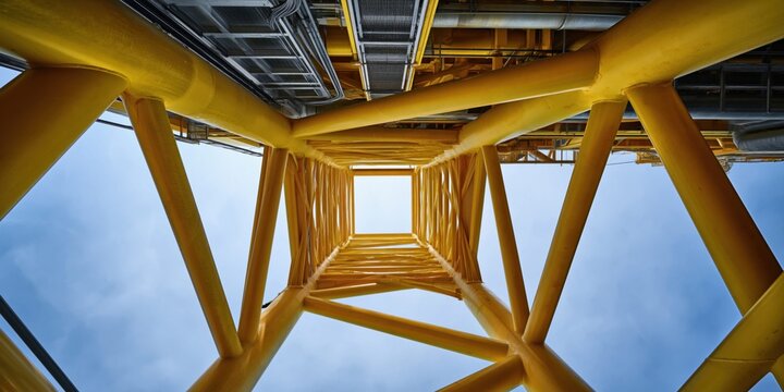 Looking up through the yellow steel structure of an offshore oil rig against the sky