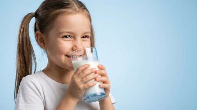 Milk child drinking fresh dairy beverage from glass with happy smile on blue background healthy nutrition concept for kids growth wellness promotion and lifestyle use