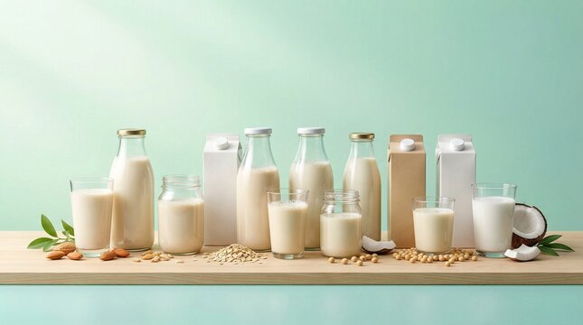 Milk variety display with dairy and plant beverage options in glass bottle carton and jar on wooden table green background healthy nutrition choice concept for retail branding use