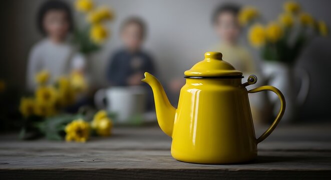 Vintage yellow teapot with blurred children in background warm lighting