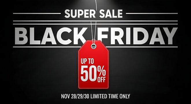 Black friday super sale advertisement with a red discount tag