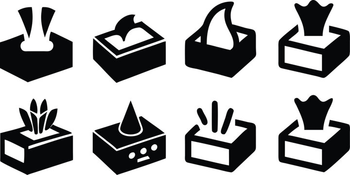 Collection of black tissue box icons showing different ways tissues are pulled out from container.