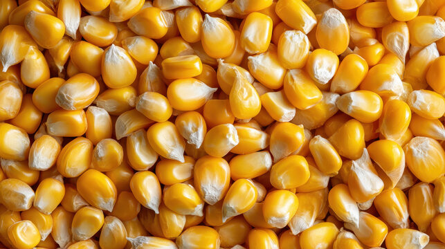 Close up of yellow corn kernel texture, food background with fresh grain pattern and glossy detail