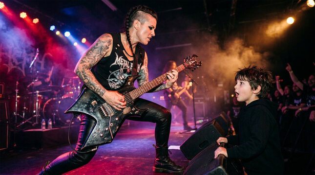 Female Heavy Metal Guitarist Performing on Stage for Amazed Young Boy