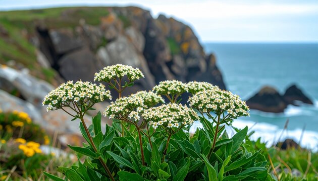 Coastal wildflower umbels blooming on rocky seaside cliffs in soft daylight