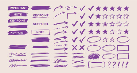 purple marker stroke doodles, checkbox arrow line art, aesthetic planner icon sketches, hand drawn note elements, purple office doodle set, creative key point icons, scrapbook organization marker art  © dhruvik