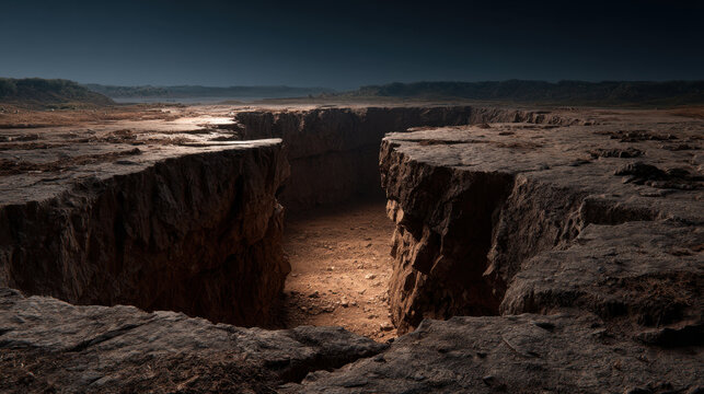 Desolate landscape deep canyon rocky terrain arid valley cracked ground barren land rugged cliff erosion dry soil dark sky empty desert remote wilderness fissure chasm plateau geology natural