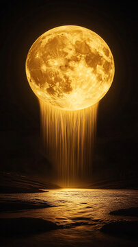 Glowing Golden Moon with Radiant Light Rays Against Dark Night Sky