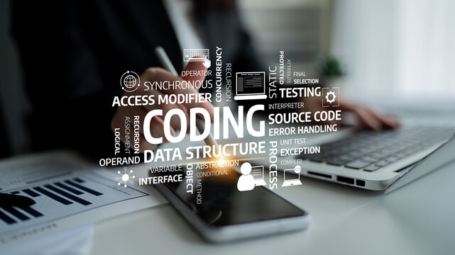 A modern office setting showcasing a hands-on programming scene, featuring coding, data structures, and various technological tools in a creative workspace. Tessel