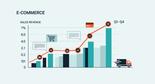 E-commerce sales revenue graph, quarterly growth chart, business finance tracker, sales performance metrics