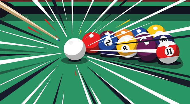 Colorful pool balls on green table.