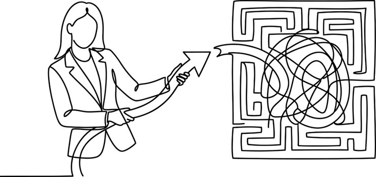 Businesswoman Navigating Maze with Arrow Continuous One Line Drawing
