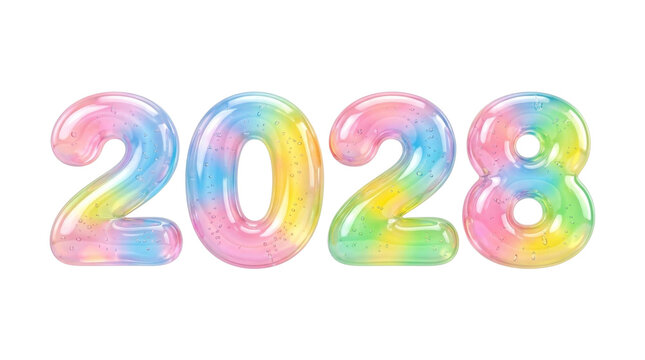Isolated colorful transparent glittery year 2028 numbers