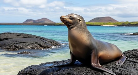 Obraz premium Sea lion resting on volcanic rock near ocean and distant islands