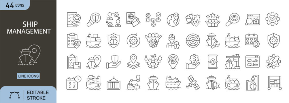 Ship management icons set representing vessel operations, cargo handling, navigation, crew management, maritime logistics, port operations and shipping control. Editable Stroke.