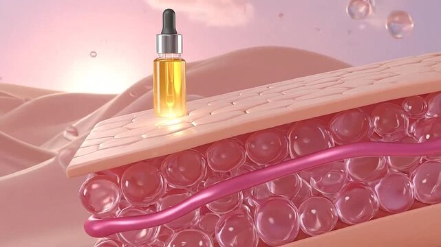 A glass dropper bottle applying golden serum onto a textured skin surface