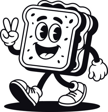 Cartoon sandwich character walking and making a peace sign gesture