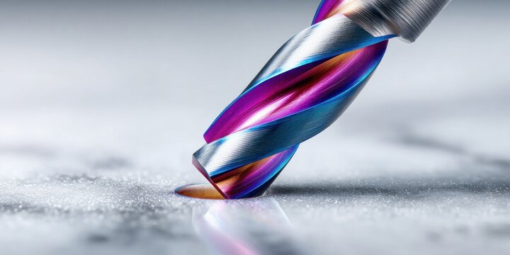 Close-up macro shot of a colorful drill bit creating a hole in a textured surface