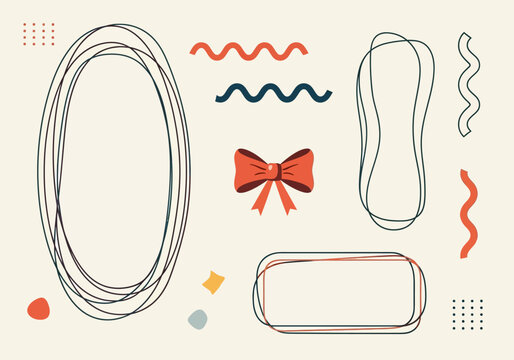 Abstract Hand-Drawn Doodle Graphic Elements Collection Featuring Minimalist Frames, Wavy Squiggles, and Decorative Red Bow on Cream Background