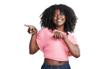 Happy, pointing and black woman in studio for promotion, announcement and advertising for sale....