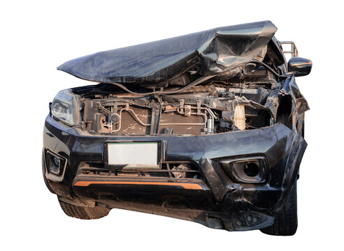 Front View of Severely Damaged Black Car With Crumpled Hood After Traffic Accident