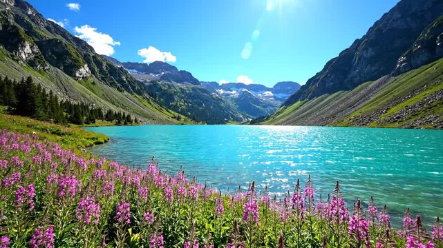Vibrant pink flowers by clear alpine lake in sunny mountains