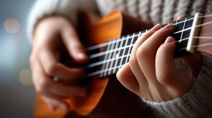 Fototapeta premium Close-up of hands playing a ukulele with a cozy sweater and bokeh background