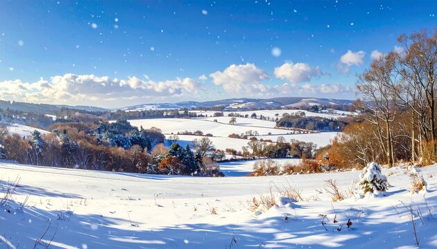 Wide scenic winter landscape with snow-covered ground, trees, and hills, patches of grass visible, clear blue sky with scattered clouds and falling snowflakes, symbolizing serene snowy countryside bea