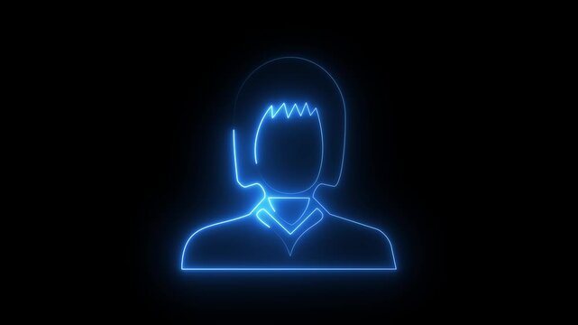 Neon female user avatar icon with blue glow on dark background, profile account identity concept animation.
